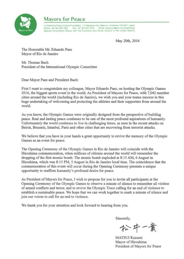 Carta enviada pelo prefeito de Hiroshima ao COI e a Eduardo Paes
