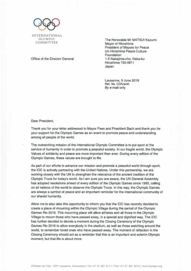 Carta enviada pelo COI e em nome de Eduardo Paes ao prefeito de Hiroshima